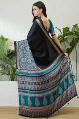 Inspiring Black Ajrakh Printed Semi Modal Silk Saree With Prodigal Blouse Piece