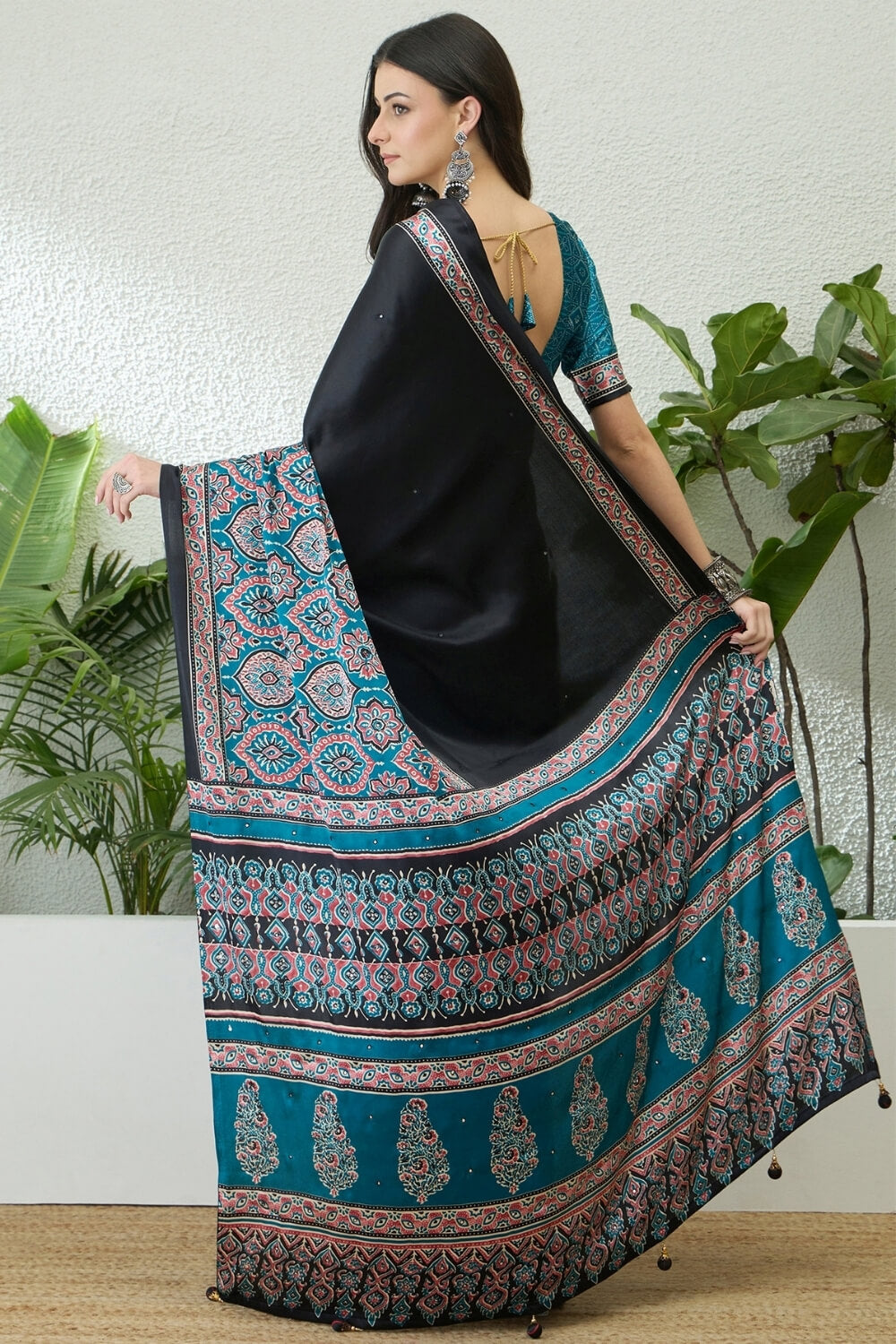 Inspiring Black Ajrakh Printed Semi Modal Silk Saree With Prodigal Blouse Piece