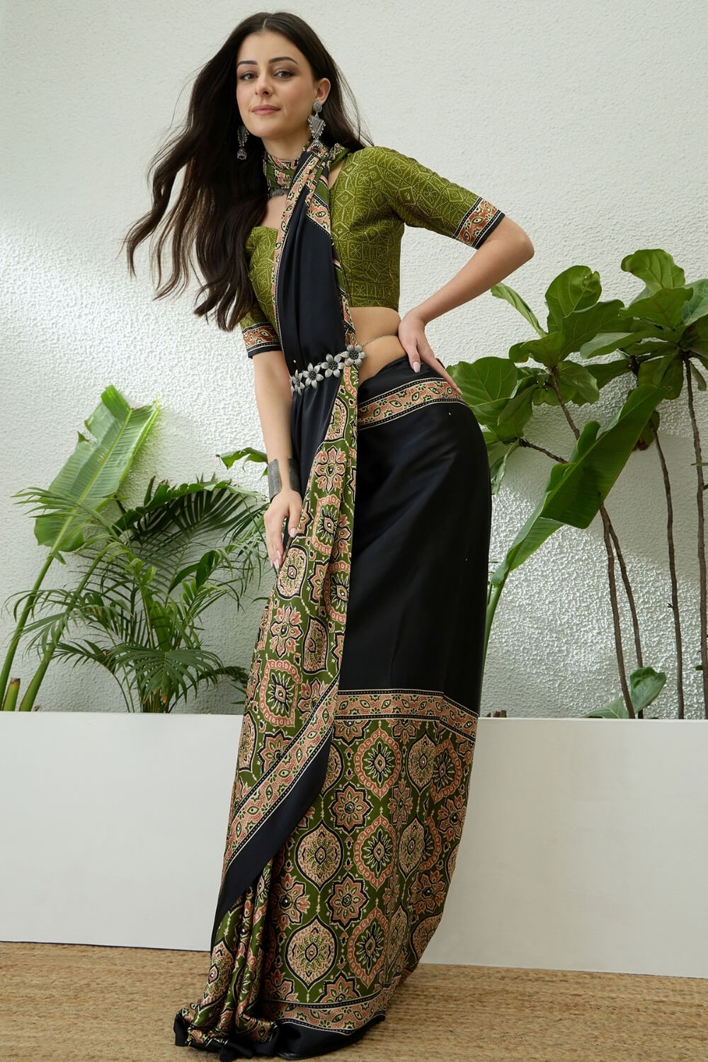 Denouement Black Ajrakh Printed Semi Modal Silk Saree With Splendorous Blouse Piece