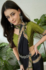 Denouement Black Ajrakh Printed Semi Modal Silk Saree With Splendorous Blouse Piece