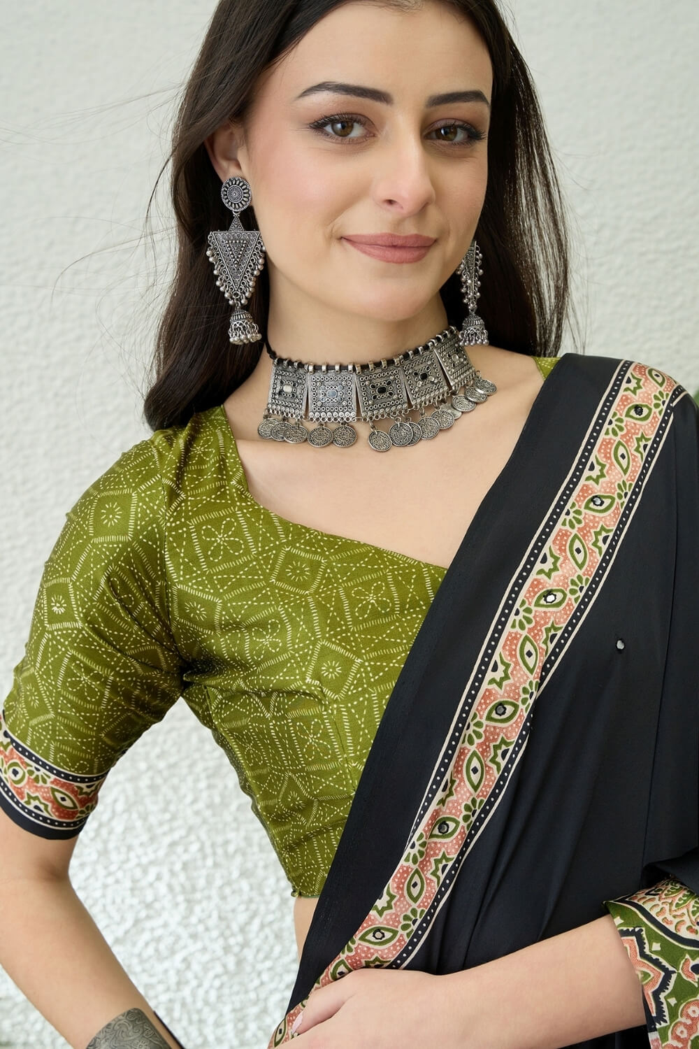 Denouement Black Ajrakh Printed Semi Modal Silk Saree With Splendorous Blouse Piece