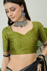 Denouement Black Ajrakh Printed Semi Modal Silk Saree With Splendorous Blouse Piece