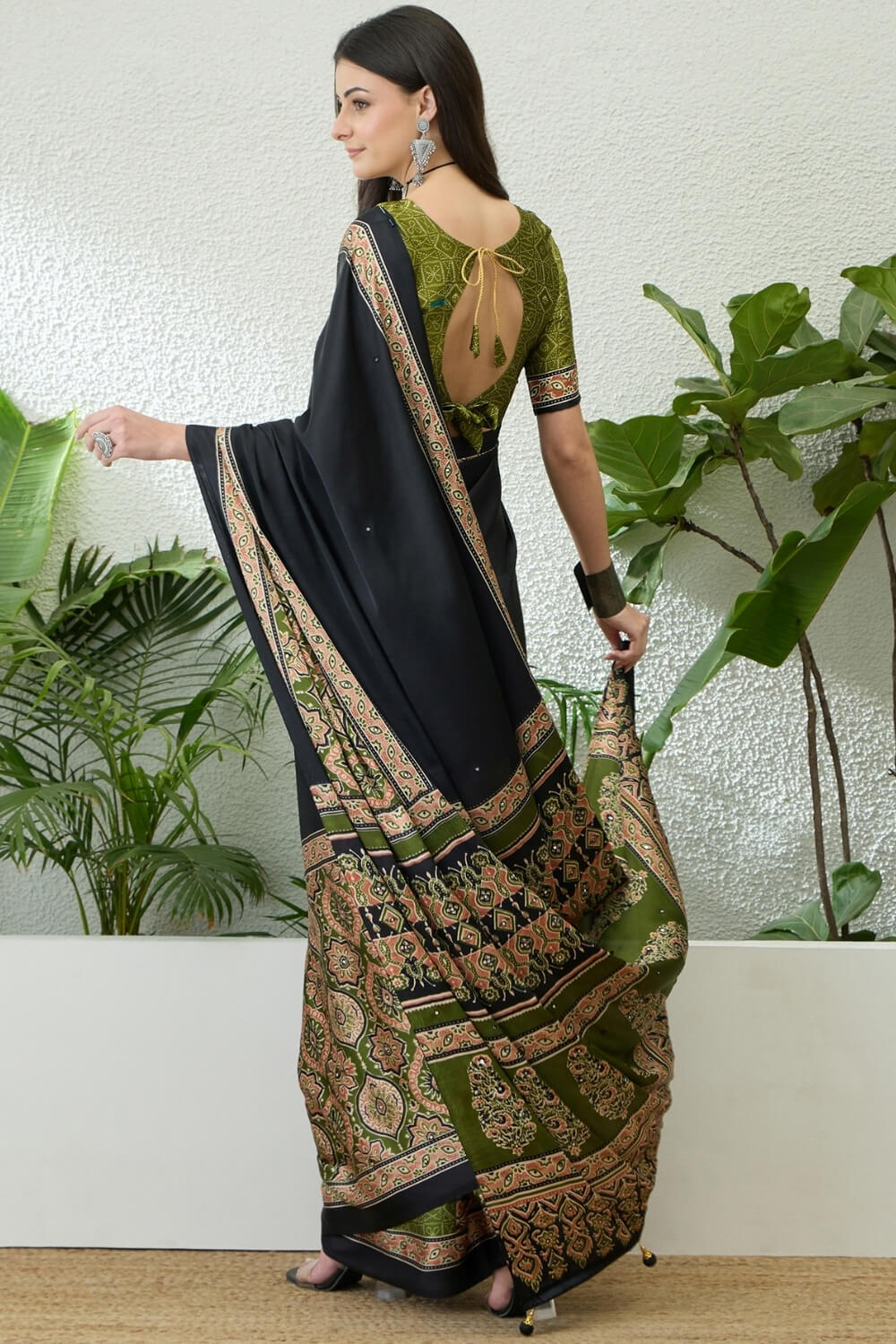 Denouement Black Ajrakh Printed Semi Modal Silk Saree With Splendorous Blouse Piece