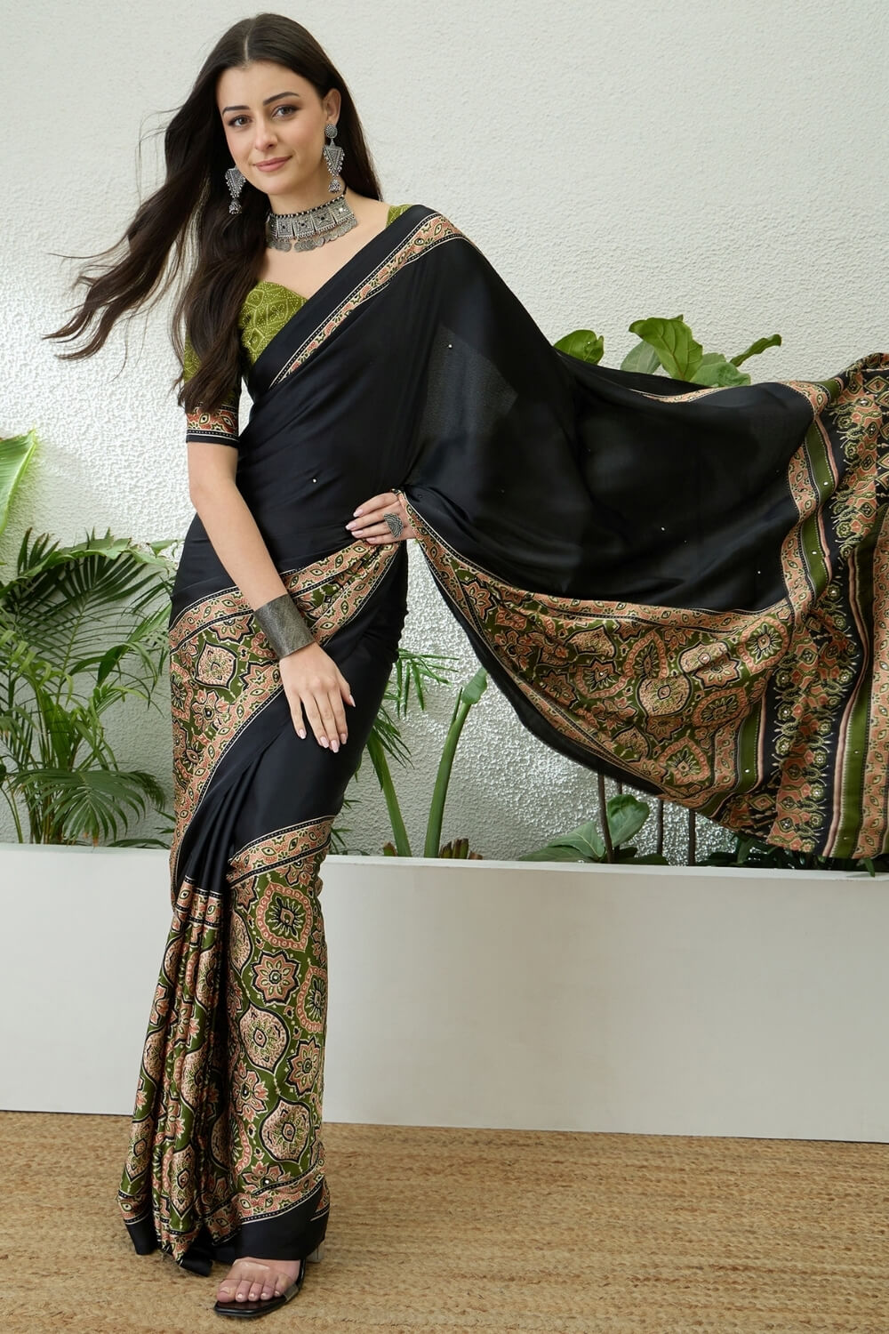 Denouement Black Ajrakh Printed Semi Modal Silk Saree With Splendorous Blouse Piece