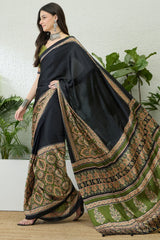 Denouement Black Ajrakh Printed Semi Modal Silk Saree With Splendorous Blouse Piece