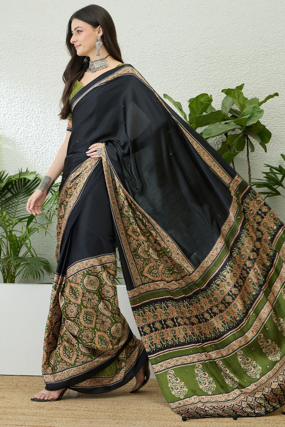 Denouement Black Ajrakh Printed Semi Modal Silk Saree With Splendorous Blouse Piece