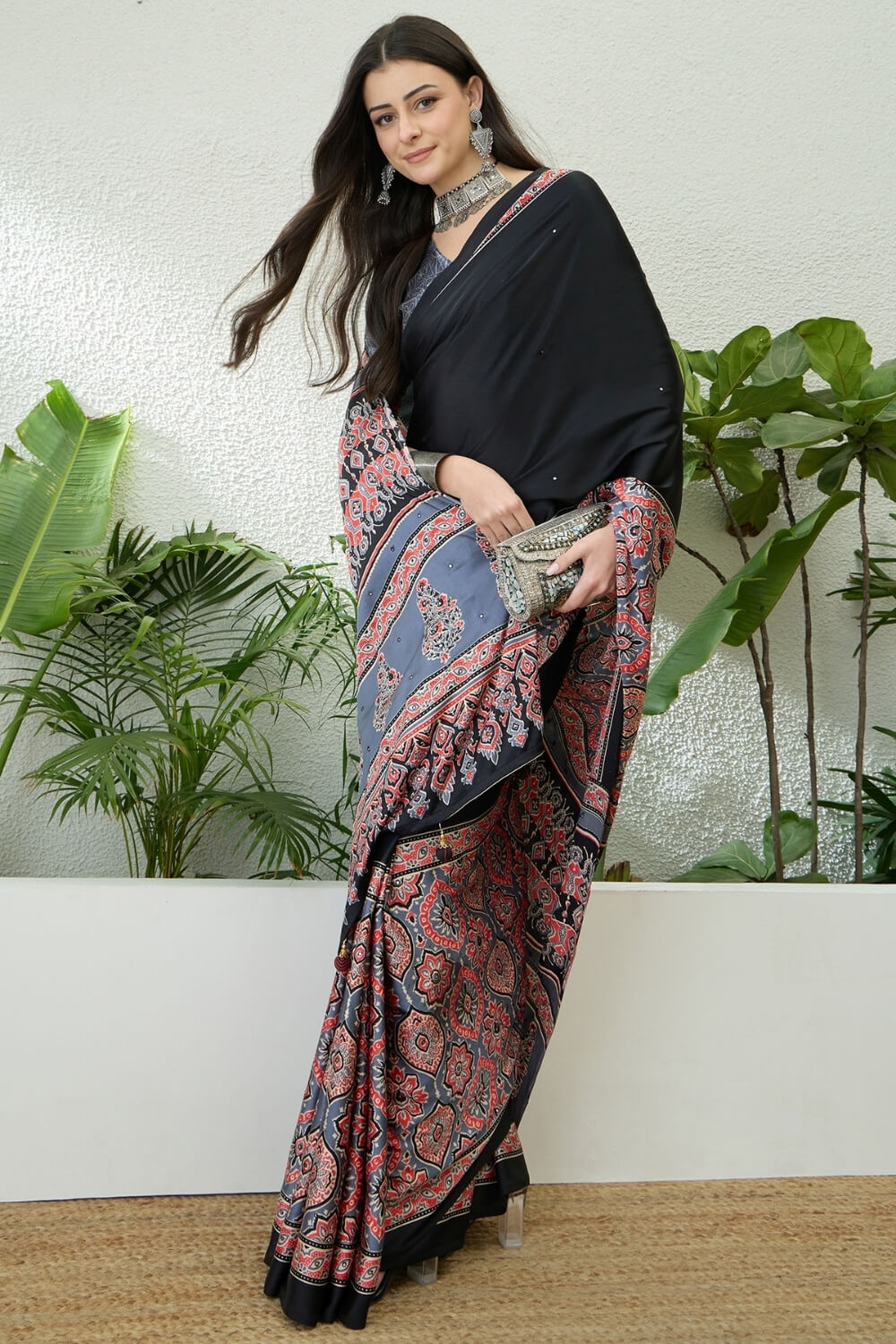 Seraphic Black Ajrakh Printed Semi Modal Silk Saree With Flattering Blouse Piece