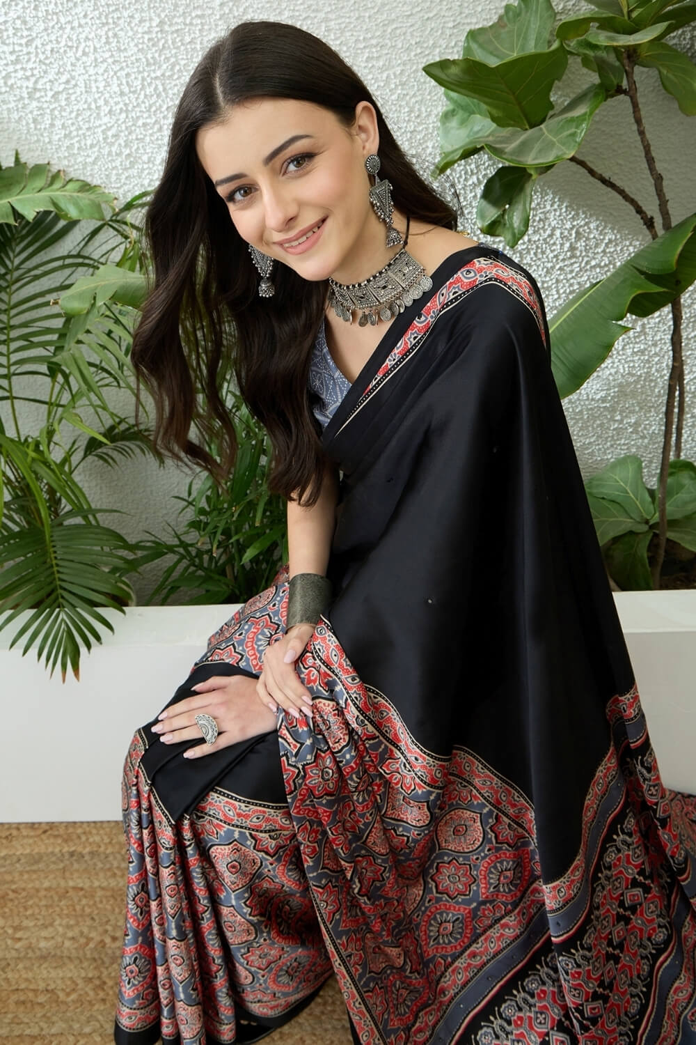 Seraphic Black Ajrakh Printed Semi Modal Silk Saree With Flattering Blouse Piece