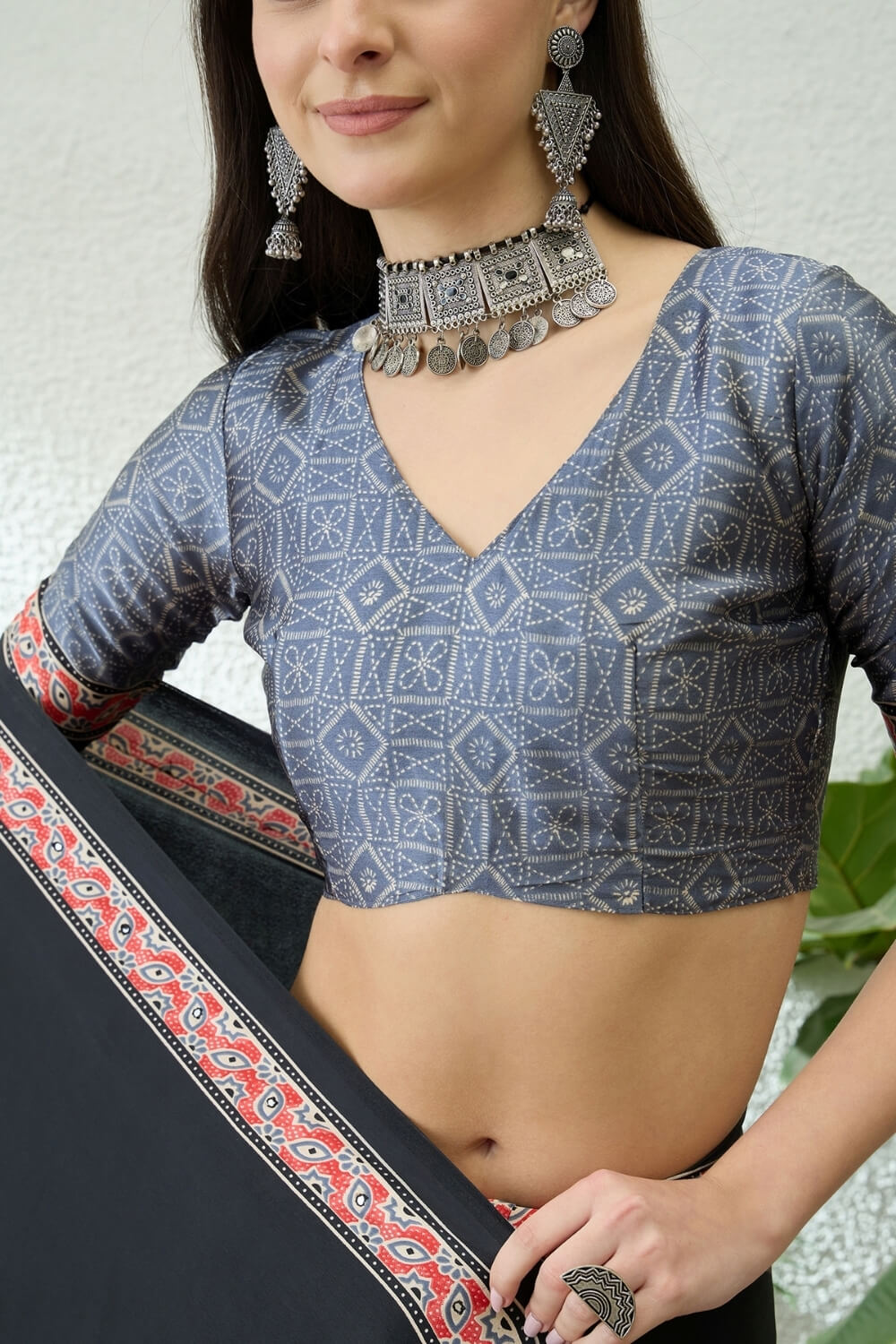 Seraphic Black Ajrakh Printed Semi Modal Silk Saree With Flattering Blouse Piece