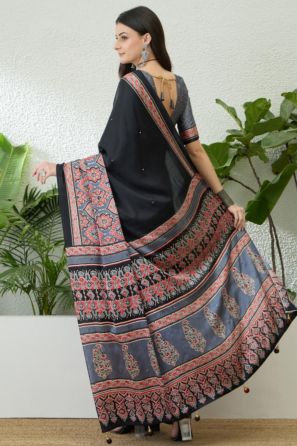 Seraphic Black Ajrakh Printed Semi Modal Silk Saree With Flattering Blouse Piece