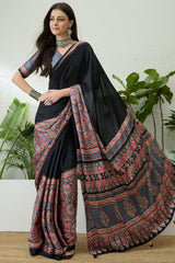 Seraphic Black Ajrakh Printed Semi Modal Silk Saree With Flattering Blouse Piece