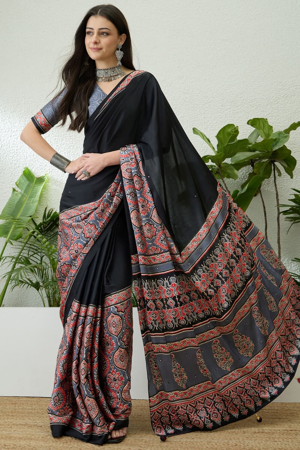 Seraphic Black Ajrakh Printed Semi Modal Silk Saree With Flattering Blouse Piece