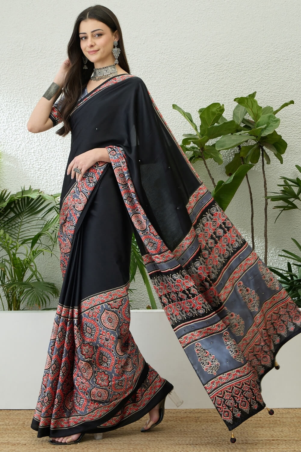 Seraphic Black Ajrakh Printed Semi Modal Silk Saree With Flattering Blouse Piece