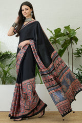 Seraphic Black Ajrakh Printed Semi Modal Silk Saree With Flattering Blouse Piece