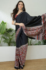 Marvellous Black Ajrakh Printed Semi Modal Silk Saree With Gratifying Blouse Piece