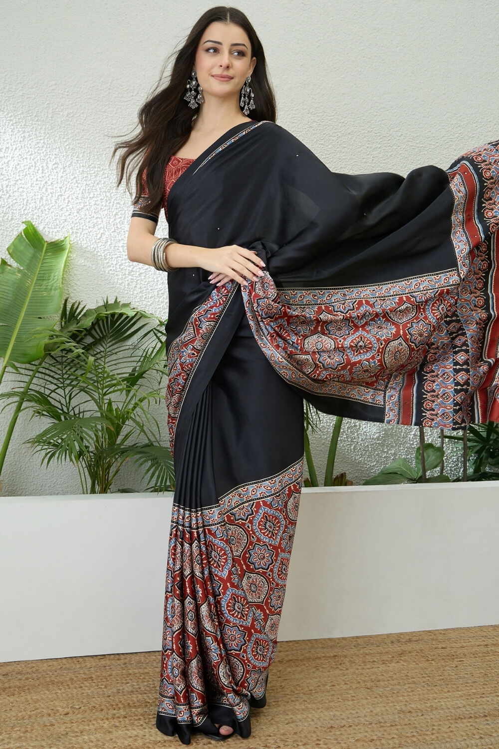 Marvellous Black Ajrakh Printed Semi Modal Silk Saree With Gratifying Blouse Piece