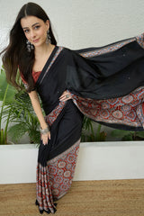 Marvellous Black Ajrakh Printed Semi Modal Silk Saree With Gratifying Blouse Piece