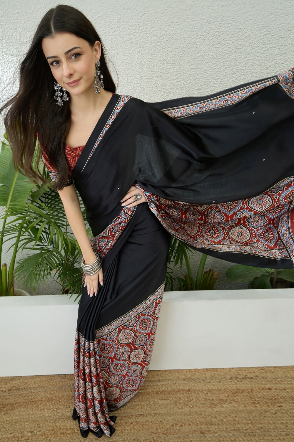 Marvellous Black Ajrakh Printed Semi Modal Silk Saree With Gratifying Blouse Piece