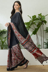 Marvellous Black Ajrakh Printed Semi Modal Silk Saree With Gratifying Blouse Piece