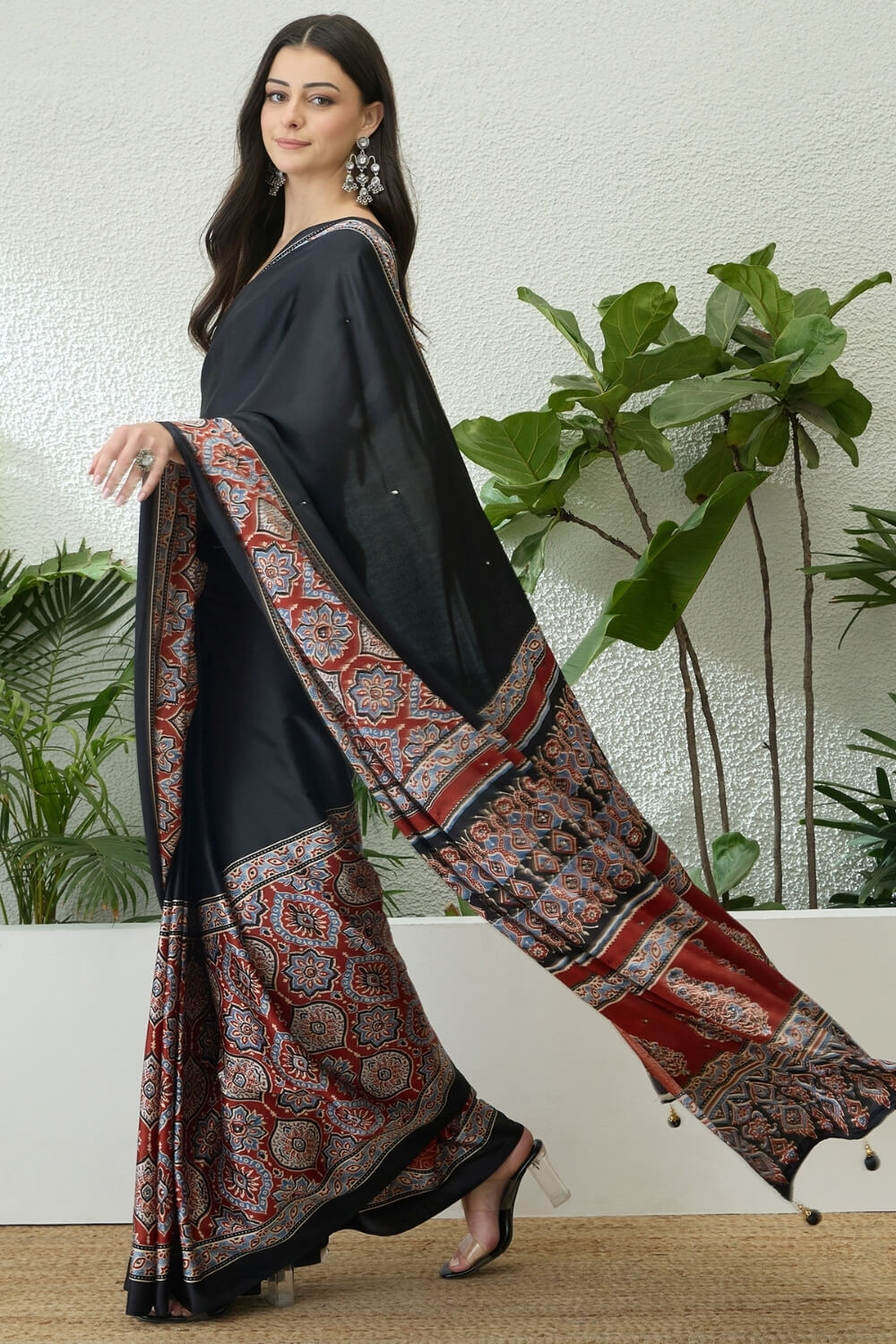 Marvellous Black Ajrakh Printed Semi Modal Silk Saree With Gratifying Blouse Piece