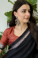 Marvellous Black Ajrakh Printed Semi Modal Silk Saree With Gratifying Blouse Piece