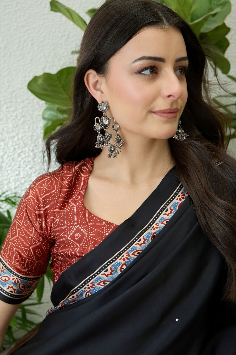 Marvellous Black Ajrakh Printed Semi Modal Silk Saree With Gratifying Blouse Piece