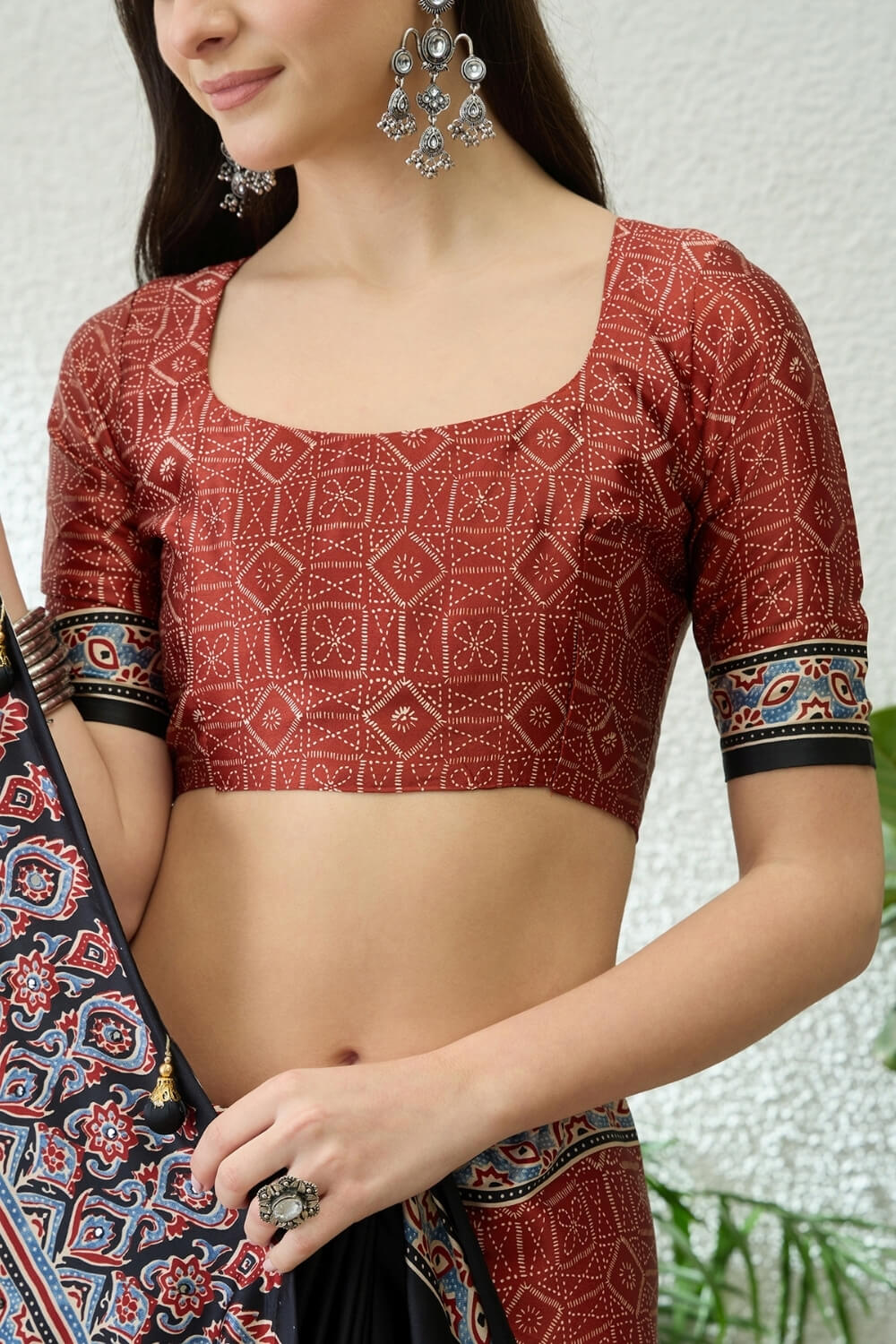 Marvellous Black Ajrakh Printed Semi Modal Silk Saree With Gratifying Blouse Piece