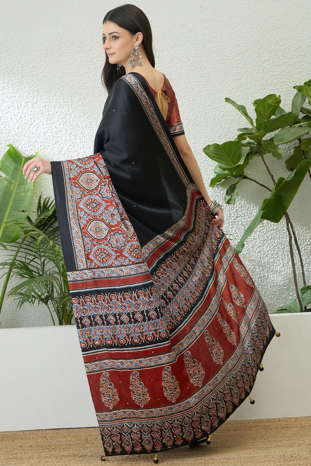 Marvellous Black Ajrakh Printed Semi Modal Silk Saree With Gratifying Blouse Piece