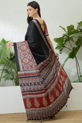 Marvellous Black Ajrakh Printed Semi Modal Silk Saree With Gratifying Blouse Piece