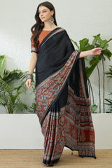 Invaluable Black Ajrakh Printed Semi Modal Silk Saree With Jazzy Blouse Piece