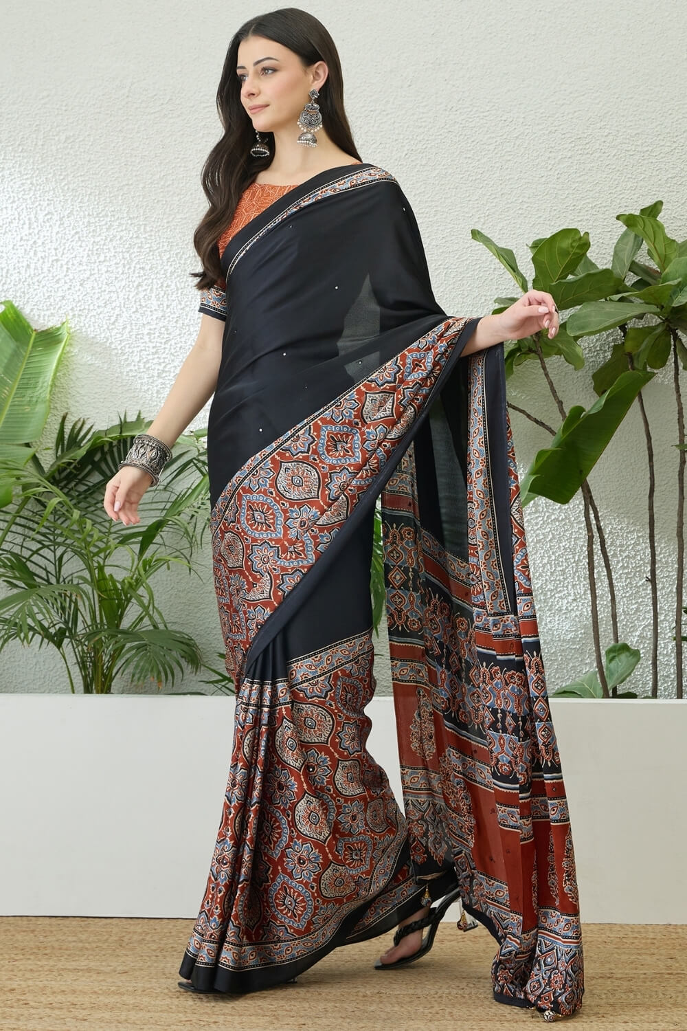 Invaluable Black Ajrakh Printed Semi Modal Silk Saree With Jazzy Blouse Piece