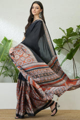 Invaluable Black Ajrakh Printed Semi Modal Silk Saree With Jazzy Blouse Piece