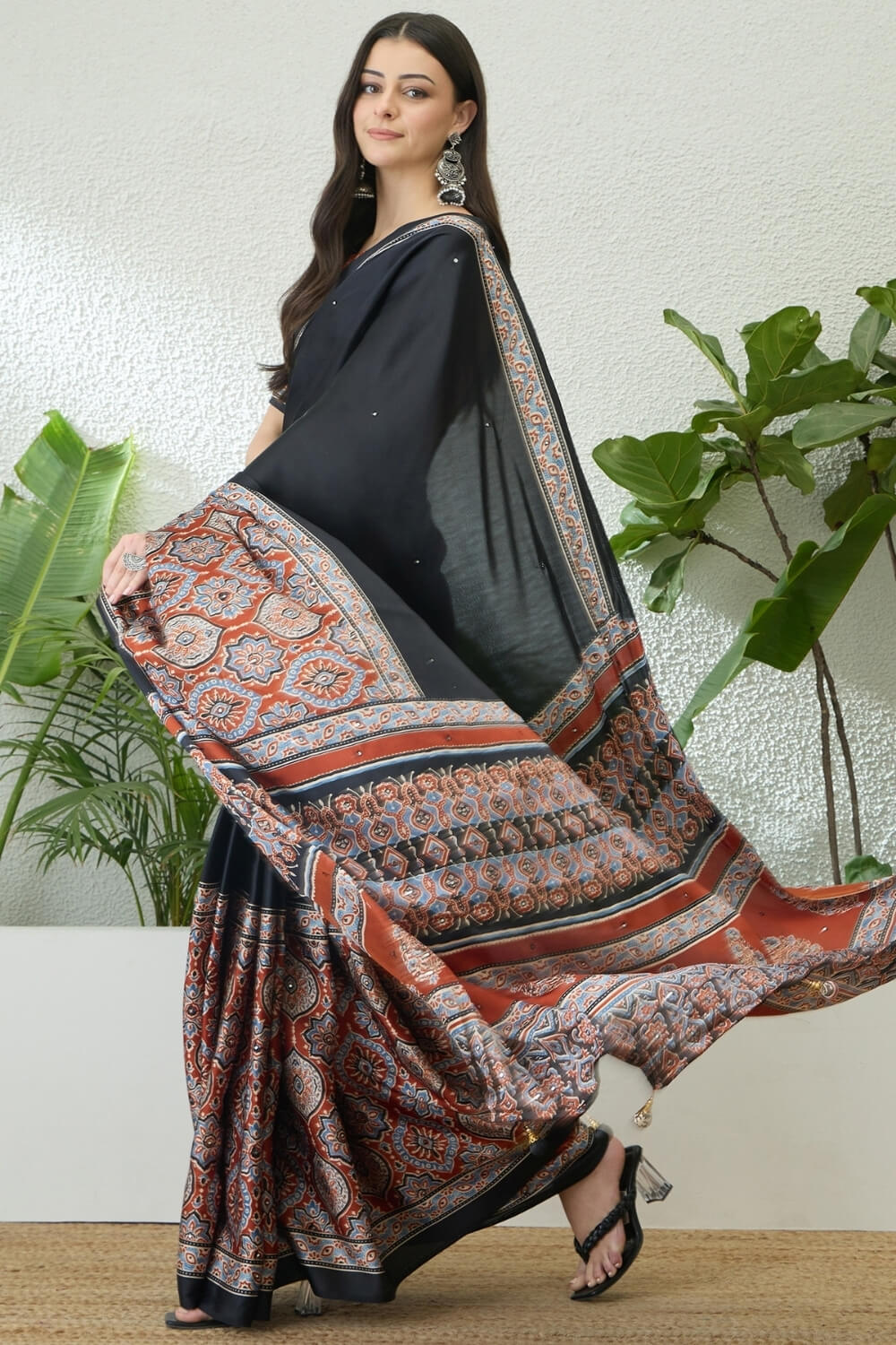 Invaluable Black Ajrakh Printed Semi Modal Silk Saree With Jazzy Blouse Piece
