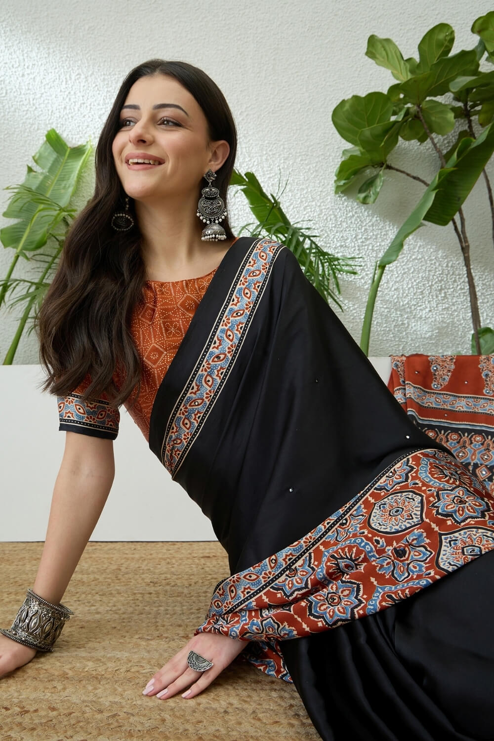 Invaluable Black Ajrakh Printed Semi Modal Silk Saree With Jazzy Blouse Piece