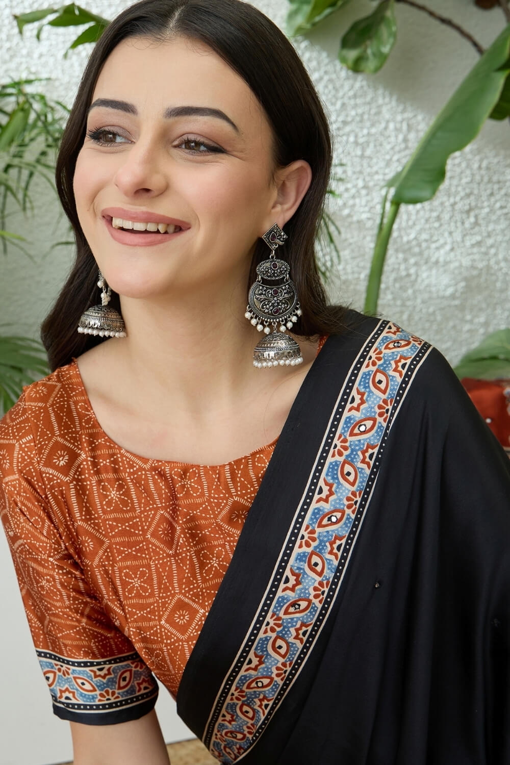 Invaluable Black Ajrakh Printed Semi Modal Silk Saree With Jazzy Blouse Piece