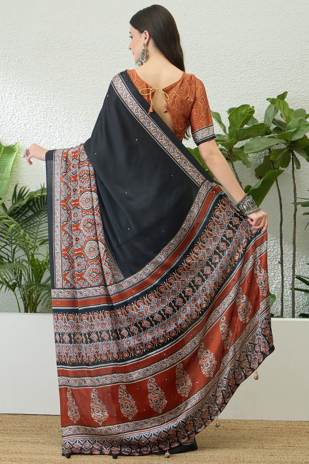 Invaluable Black Ajrakh Printed Semi Modal Silk Saree With Jazzy Blouse Piece