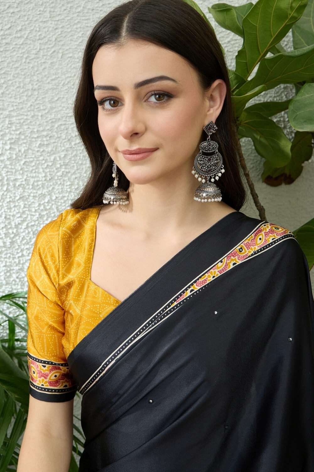 Jubilant Black Ajrakh Printed Semi Modal Silk Saree With Surpassing Blouse Piece
