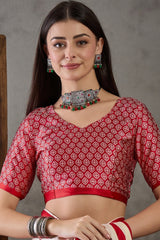 Pretty Red Ajrakh Printed Semi Modal Silk Saree With Impressive Blouse Piece