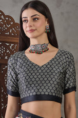 Fairytale Black Ajrakh Printed Semi Modal Silk Saree With Embrocation Blouse Piece