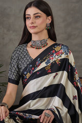 Fairytale Black Ajrakh Printed Semi Modal Silk Saree With Embrocation Blouse Piece