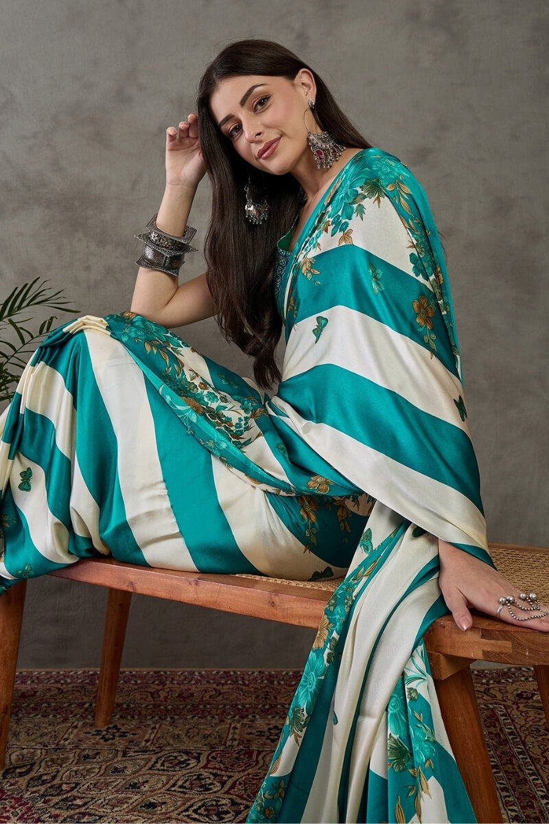 Scintillating Rama Ajrakh Printed Semi Modal Silk Saree With Smashing Blouse Piece