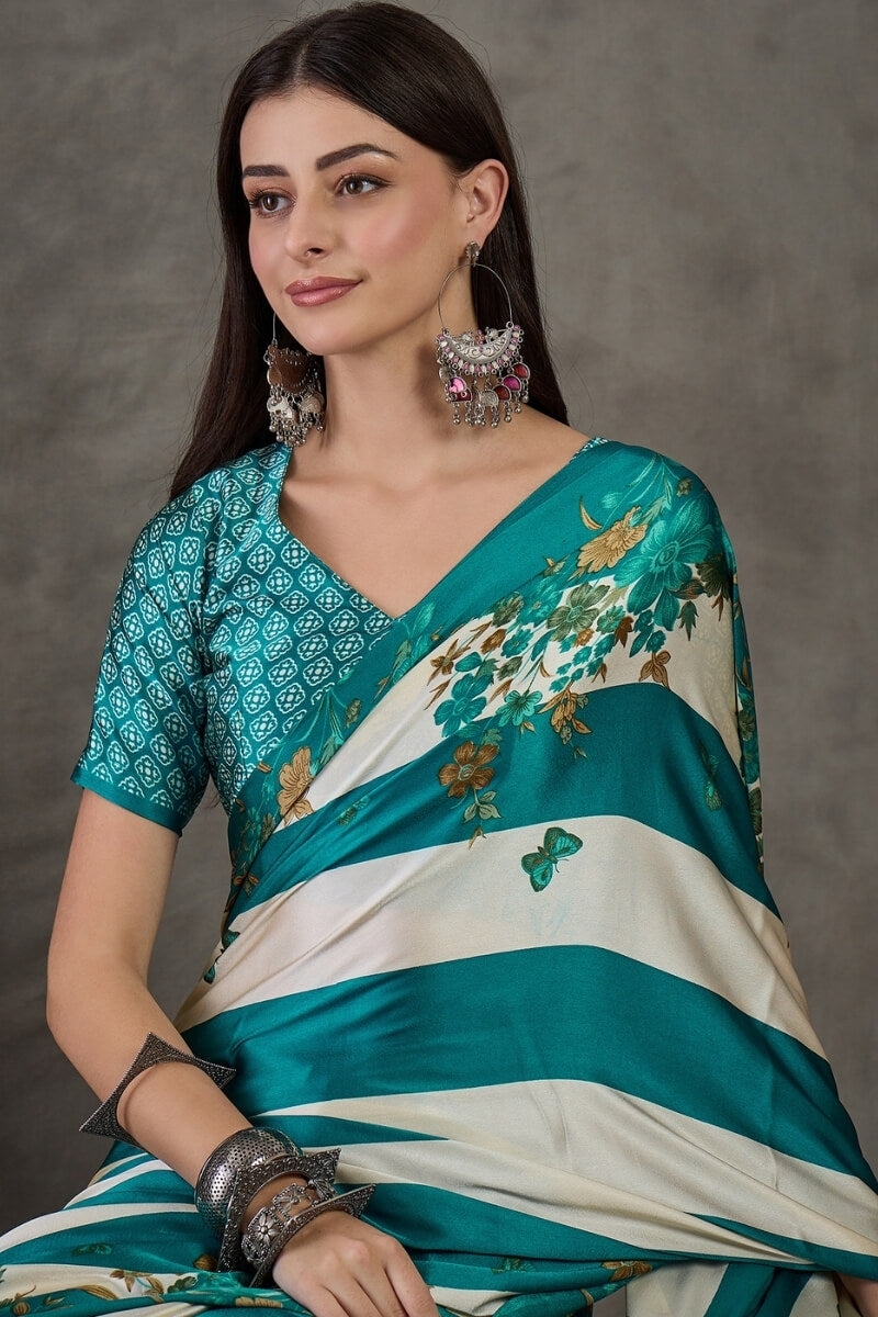 Scintillating Rama Ajrakh Printed Semi Modal Silk Saree With Smashing Blouse Piece