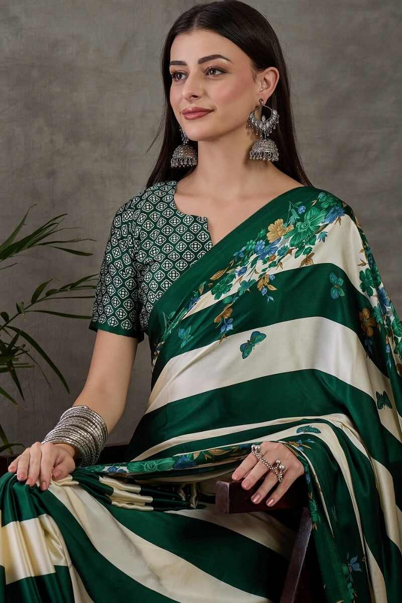 Jubilant Dark Green Ajrakh Printed Semi Modal Silk Saree With Efflorescence Blouse Piece
