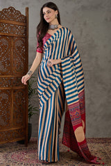 Serendipity Navy Blue Ajrakh Printed Semi Modal Silk Saree With Unique Blouse Piece
