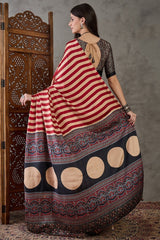 Improbable Red Ajrakh Printed Semi Modal Silk Saree With Exquisite Blouse Piece