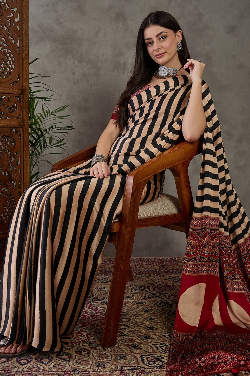 Designer Black Ajrakh Printed Semi Modal Silk Saree With Prodigal Blouse Piece
