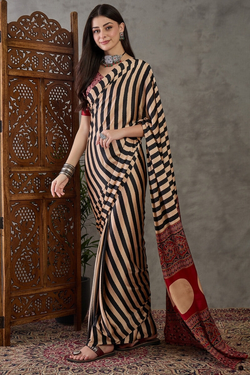 Designer Black Ajrakh Printed Semi Modal Silk Saree With Prodigal Blouse Piece