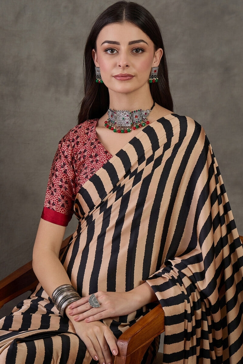 Designer Black Ajrakh Printed Semi Modal Silk Saree With Prodigal Blouse Piece