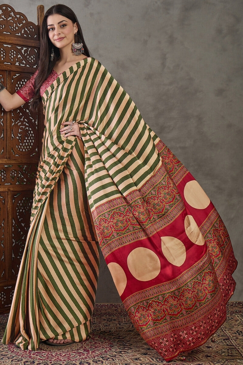 Surreptitious Green Ajrakh Printed Semi Modal Silk Saree With Pleasant Blouse Piece