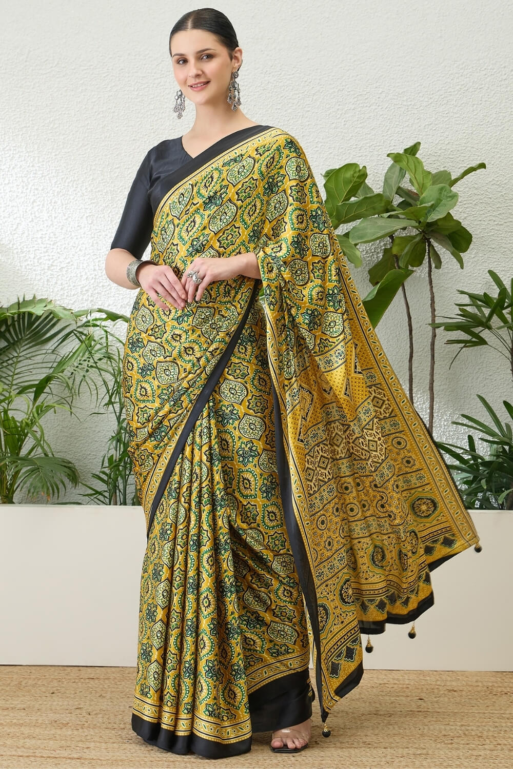 Mesmeric Yellow Ajrakh Printed Semi Modal Silk Saree With Rhapsody Blouse Piece